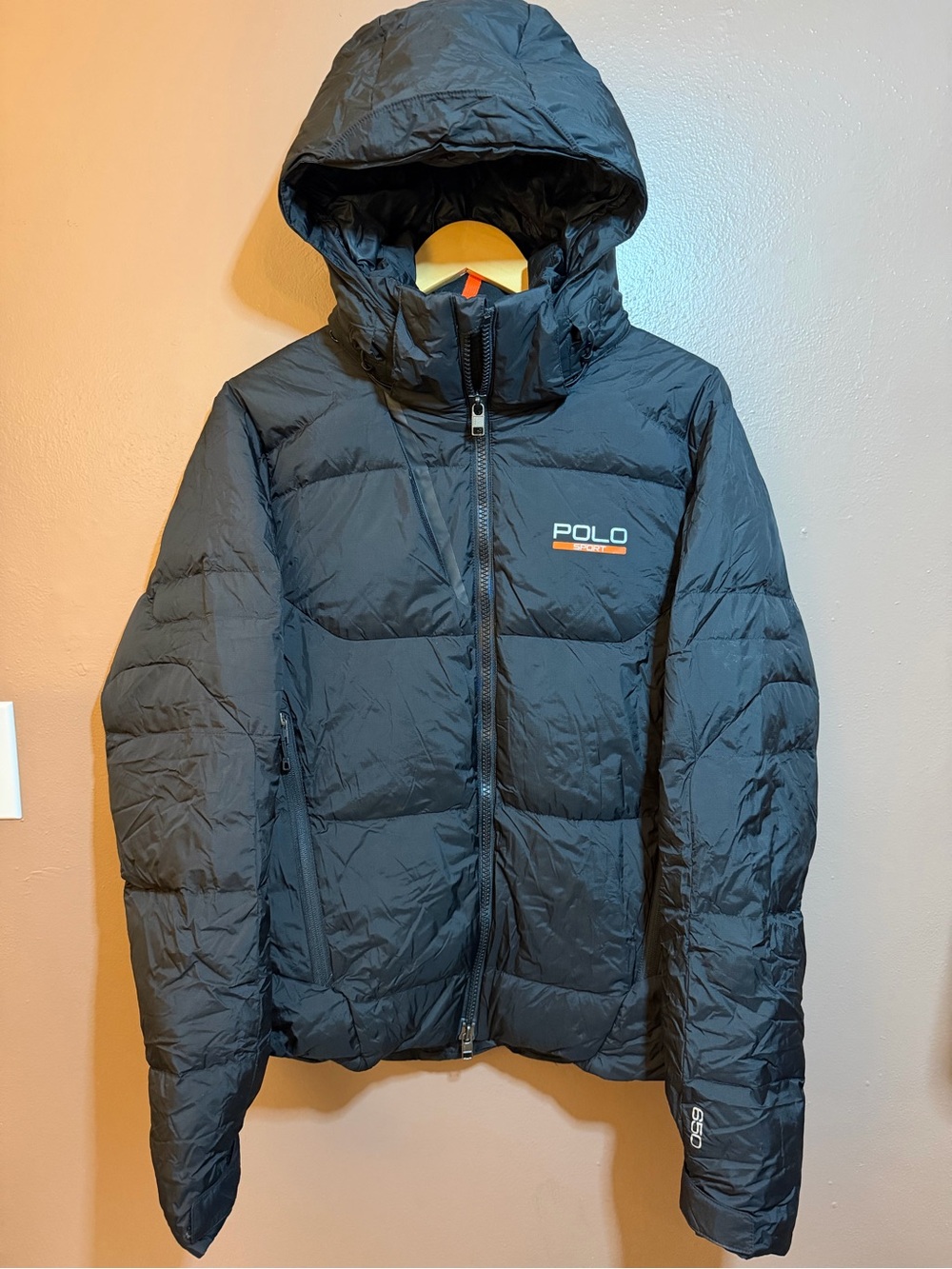 Vintage Polo Sport Men's Black 650 Down Puffer Jacket Hooded Size Small SKI